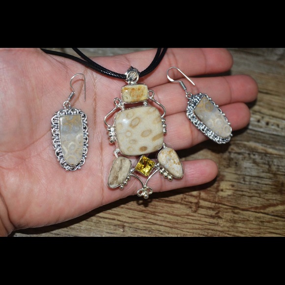 Agatized Fossil Coral Pendant & Earrings Set - Picture 4 of 6